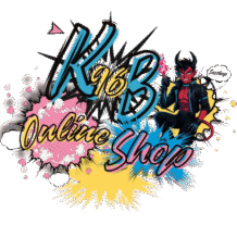 Logotipo de K96B Shop Online con Kix96, el demonio queer, y texto en estilo neón